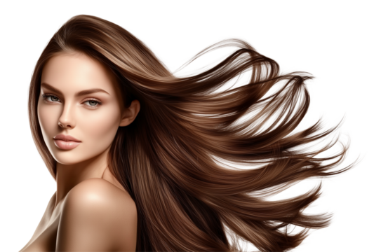 A beautiful woman with long brown flowing hair. Beauty and hair care concept. Isolated on a transparent or a white background, cut-out, PNG