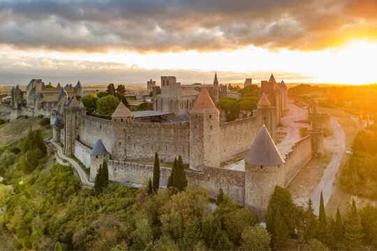 Aerial view of the medieval city of Carcassonne town and fortress castle, France