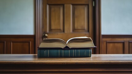 Open Book on Closed Book on Wooden Table with Wooden Door Background