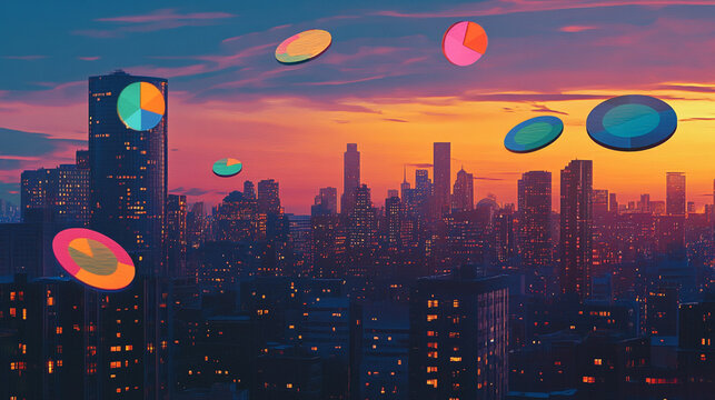 Colorful pie charts floating above a city skyline at sunset, symbolizing data analysis and growth - Powered by Adobe