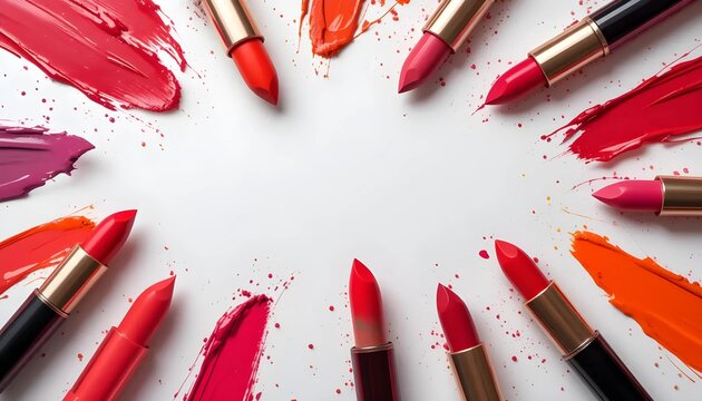 Colorful Lipstick Swatches and Tubes Arranged in Circle on White Background