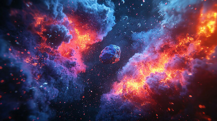Obraz premium Abstract cosmic rock surrounded by fiery explosions, colorful nebulas, and stardust