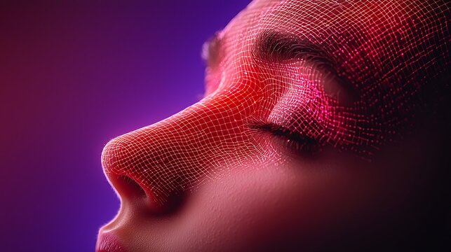 Face overlayed with glowing red network, eye closed, illuminated with purple background - Powered by Adobe