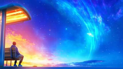 Fototapeta premium A young boy sits quietly on a bus stop bench, gazing at a stunning sunset blending with cosmic colors. The sky features brilliant blues and purples, creating a serene atmosphere