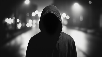 顔のないフード姿の人物が夜の街に立つ
