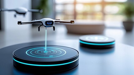 Futuristic Drone Landing on Smart Surface Modern Office Digital Technology Indoor Environment Aerial View Innovation