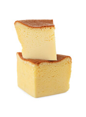 Pieces of tasty Japanese Castella sponge cake isolated on white