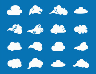 Cloud Collection: Abstract White Clouds Isolated on Blue Background – Vector Illustration.