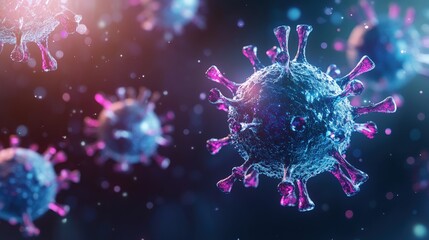 A close-up view of a virus particle, showcasing its structure with spikes, set against a colorful, blurred background.
