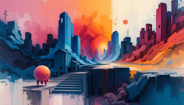 Vibrant Cityscape Digital Painting with Pink Creature
