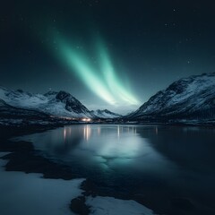 Arctic aurora borealis reflecting over snowy mountains and fjord at night