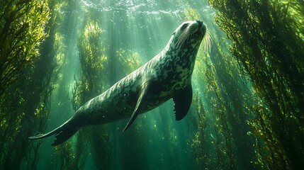 A playful sea lion diving through a vibrant kelp forest with shafts of light filtering through the swaying fronds