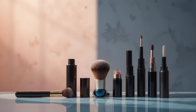 Warm-Lit Makeup Products Arranged on Glass Surface