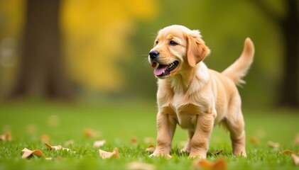 Playful golden retriever puppy stands, tail wagging , isolated, studio