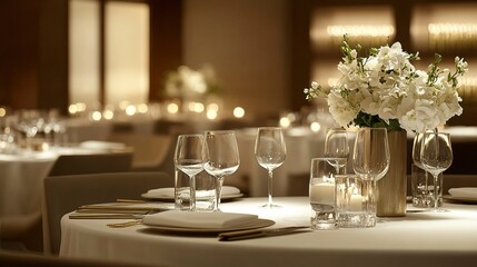 Modern wedding dinner elegant white floral arrangements minimal decor gold accents on plates and glasses clean lines and soft lighting for a sophisticated setting.  