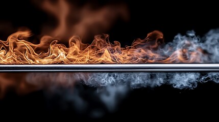 Fiery flames and cool smoke billow from a metallic bar, reflected on a dark surface