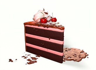 chocolate cake with cherries on a white background 3d-rendering