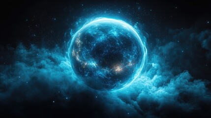 Obraz premium Glowing blue planet in cosmic clouds, space background, sci-fi concept