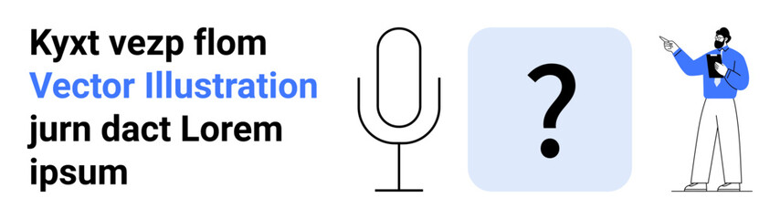 Presenter gesturing toward a question mark beside a microphone and text. Ideal for communication, learning, feedback, analysis, presentations, education, simple landing page