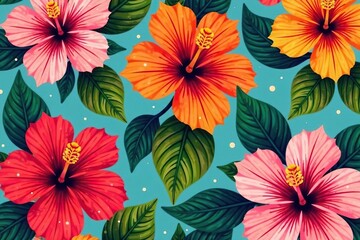 Stylized hibiscus flower pattern, bold colors, seamless design , plant, photography