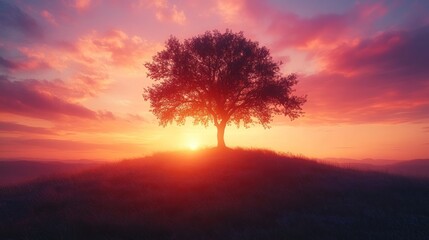 Obraz premium Majestic tree silhouette atop hill at vibrant sunrise