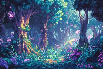Pixelated forest path, glowing flora, mystical ambiance.
