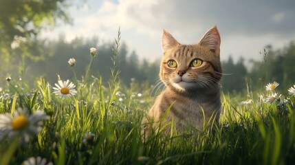 Serene Cat in a Flower-Filled Meadow Under Soft Natural Light