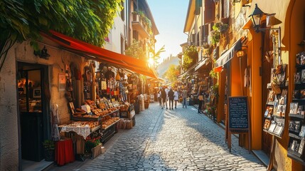 Fototapeta premium Colourful bazaars filled with people. A lively market alley.
