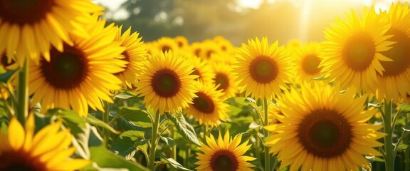 Obraz premium Vibrant yellow sunflower field bathed in sunlight, bright summer day, light, vibrant