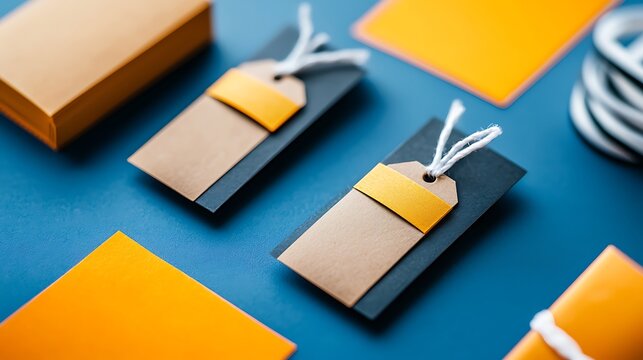 Flatlay of blank tags, paper, and string on a blue background.  Perfect for branding or mockup