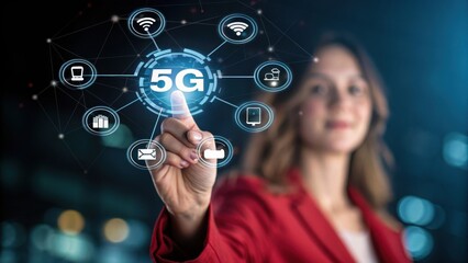 5G network. Woman in red blazer interacts with a futuristic 5G network interface. The background is blurred city lights.  She's touching a glowing 5G