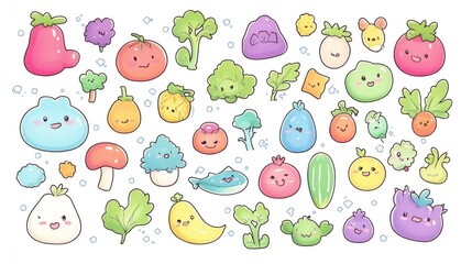 Fototapeta premium Cute cartoon fruits and vegetables arranged with white background for kids