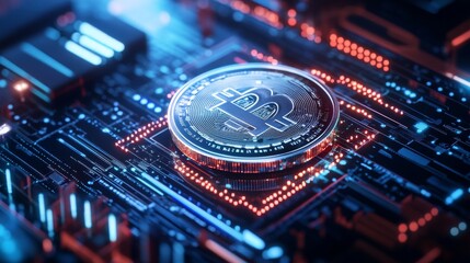 Fototapeta premium Futuristic Bitcoin Cryptocurrency Concept Digital Environment Circuit Board High-Tech Viewpoint Innovative Finance