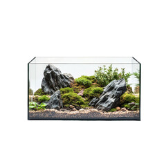 Aquascape features a variety of natural rocks and lush greenery creating a vibrant habitat in a transparent glass tank setup.