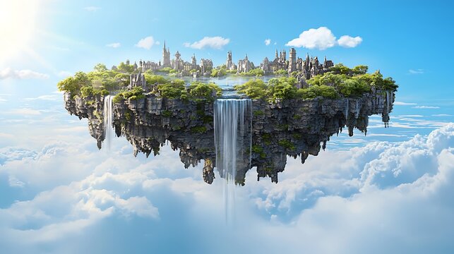 Floating island city with waterfall, lush greenery, and medieval architecture amidst clouds
