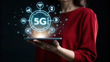 5G network. Woman in red long sleeve shirt holds tablet displaying a futuristic 5G network interface with glowing icons. Dark background. 