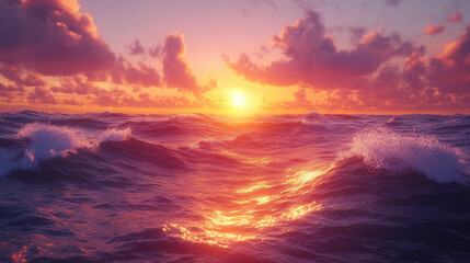 Obraz premium Stunning Sunset Over Ocean Waves with Vibrant Colors
