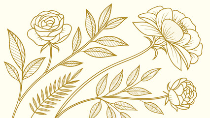 Tropical Foliage Line Art: Elegant line art illustration showcasing the intricate details of tropical foliage with a touch of gold.