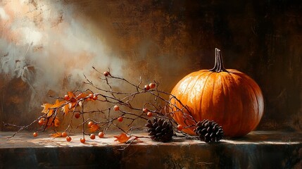 Pumpkin in an autumnal still life arrangement with dried branches, pinecones, and berries soft shadows and warm light create a tranquil seasonal mood. 