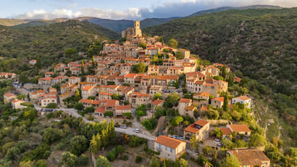 Aerial view of Eus, the medieval hilltop town in Pyrenees mountains, France.