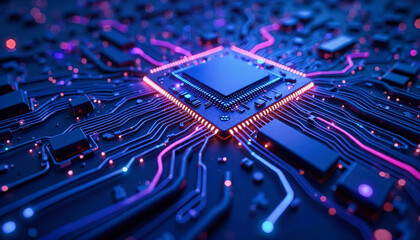 Glowing circuitry illuminates a central processor chip within a complex network of interconnected pathways. Graphical resource for design and downstream advertisement purposes