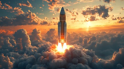 Fototapeta premium Rocket flying toward space surrounded by fiery clouds and bright exhaust flames image