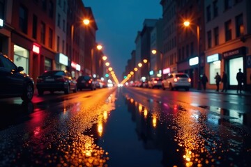 Obraz premium Abstract late-night city lights reflecting on wet pavement, modern, shadows, moody