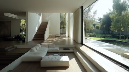 Fototapeta premium Modern living room with a minimalist design featuring a serene and uncluttered ambiance