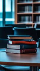 Stack of Four Hardcover Books on Table in Library