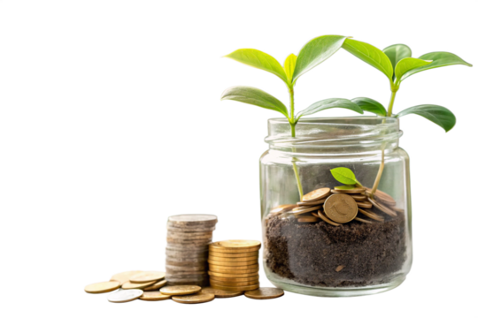 A clear glass jar with soil and golden coins at the base, sprouting a vibrant green money plant. Placed on a white background with soft natural lighting, symbolizing financial growth and sustainabilit