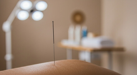 A close-up of an acupuncture needle inserted into smooth skin against the blurred background of a modern clinic