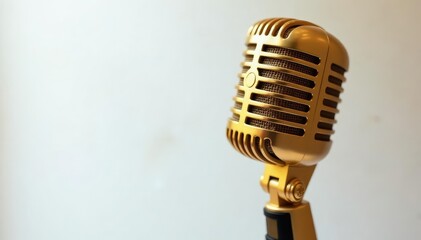 Close-up of a single, gold microphone on stark white , equipment, texture, rapper