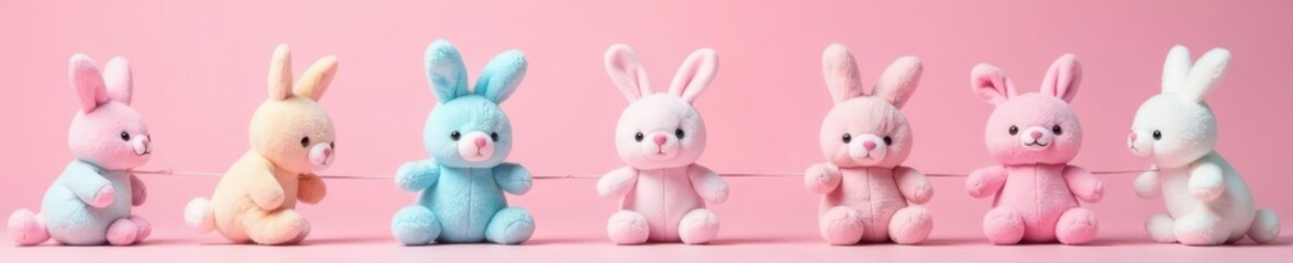 Obraz premium String of pastel bunny plushies, pink background, plush toy, soft toy