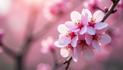 Obraz premium Delicate pink sakura blossoms, full bloom, soft petals , branch, botanical, subtle